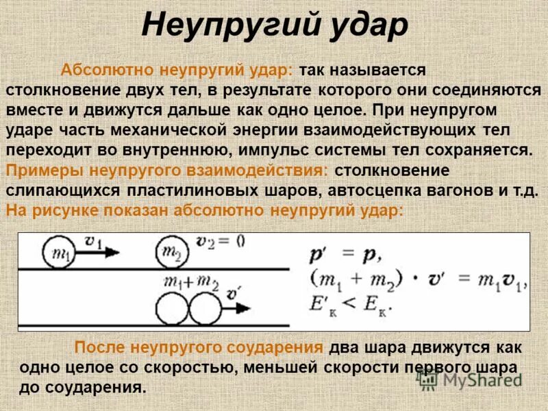 Как двигается постоянный ток. Закон сохранения для неупругого удара. Закон сохранения импульса для неупругого удара. Формула сохранения импульса для неупругого удара. Закон сохранения импульса при упругом ударе.