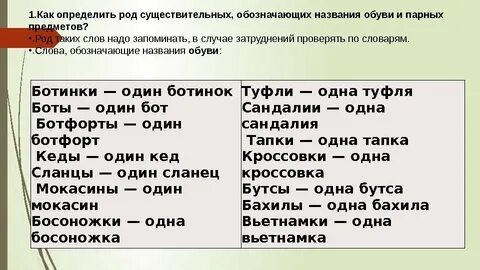 Туфли род существительного в единственном числе