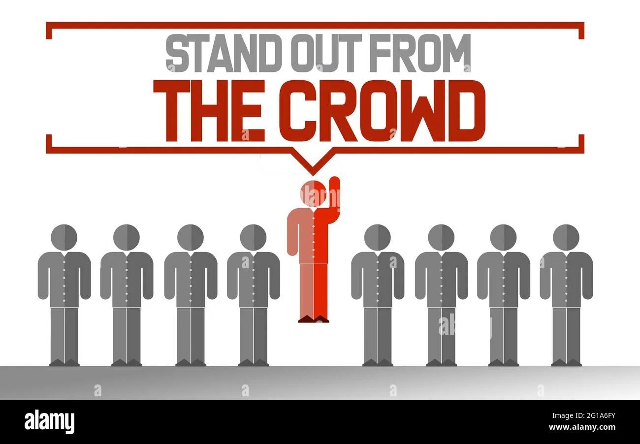 Stand out fit in one. Stand out from the crowd. one person standing crowd people. he stands out.