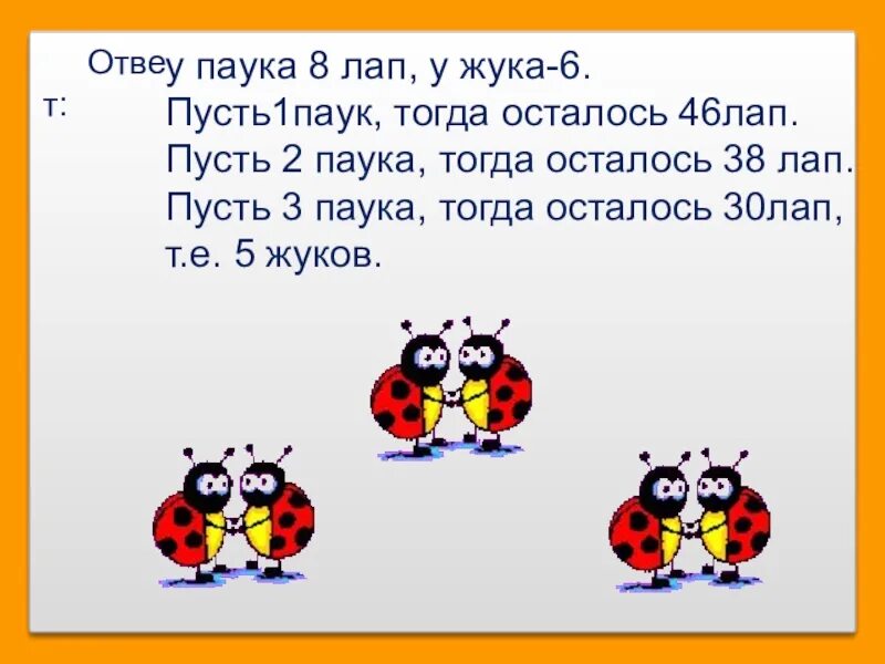 Лапки число. Задача про Жуков и пауков решение. Задачи про лапы. Сколько лап у пауков и Жуков. Сколько лап у жука.