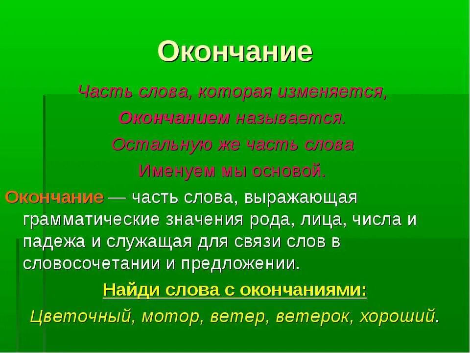 Территория окончание слова. Окончание часть слова. Часть слова которая изменяется. Часть слова которая изменяется называется окончанием. Грамматическое значение рода.