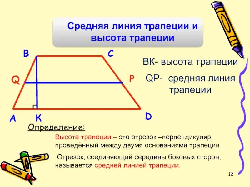 Формула длины средней линии трапеции. Средняя линия трапеции и высота. Как найти средней линии на высоту.. Средняялиняя трапеции. Средняя Лилия трапеции.