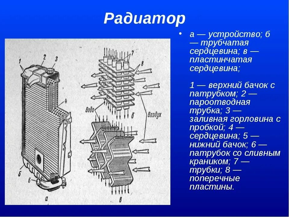 Конструкция радиатора охлаждения автомобиля. Конструкция радиаторов охлаждения ДВС. Устройство радиатора автомобиля в разрезе. Радиатор системы охлаждения конструкция. Конструкции отопительных приборов