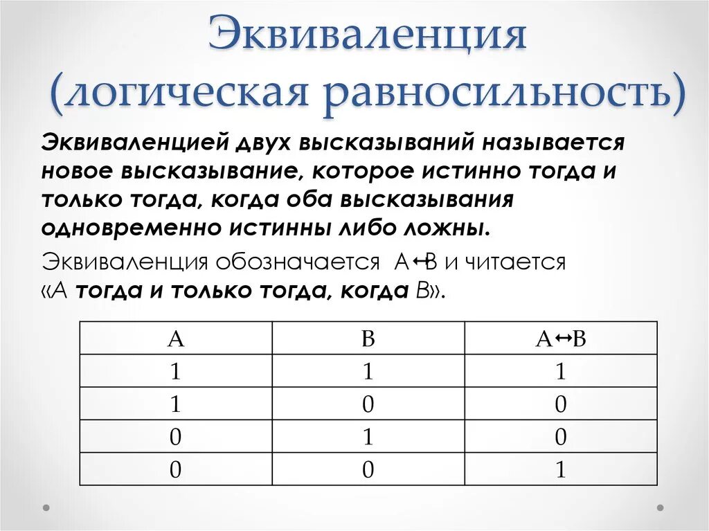 Логическая операция эквиваленция таблица. Эквиваленция таблица истинности. Операция эквиваленция таблица истинности. Эквивалентные логические операции.