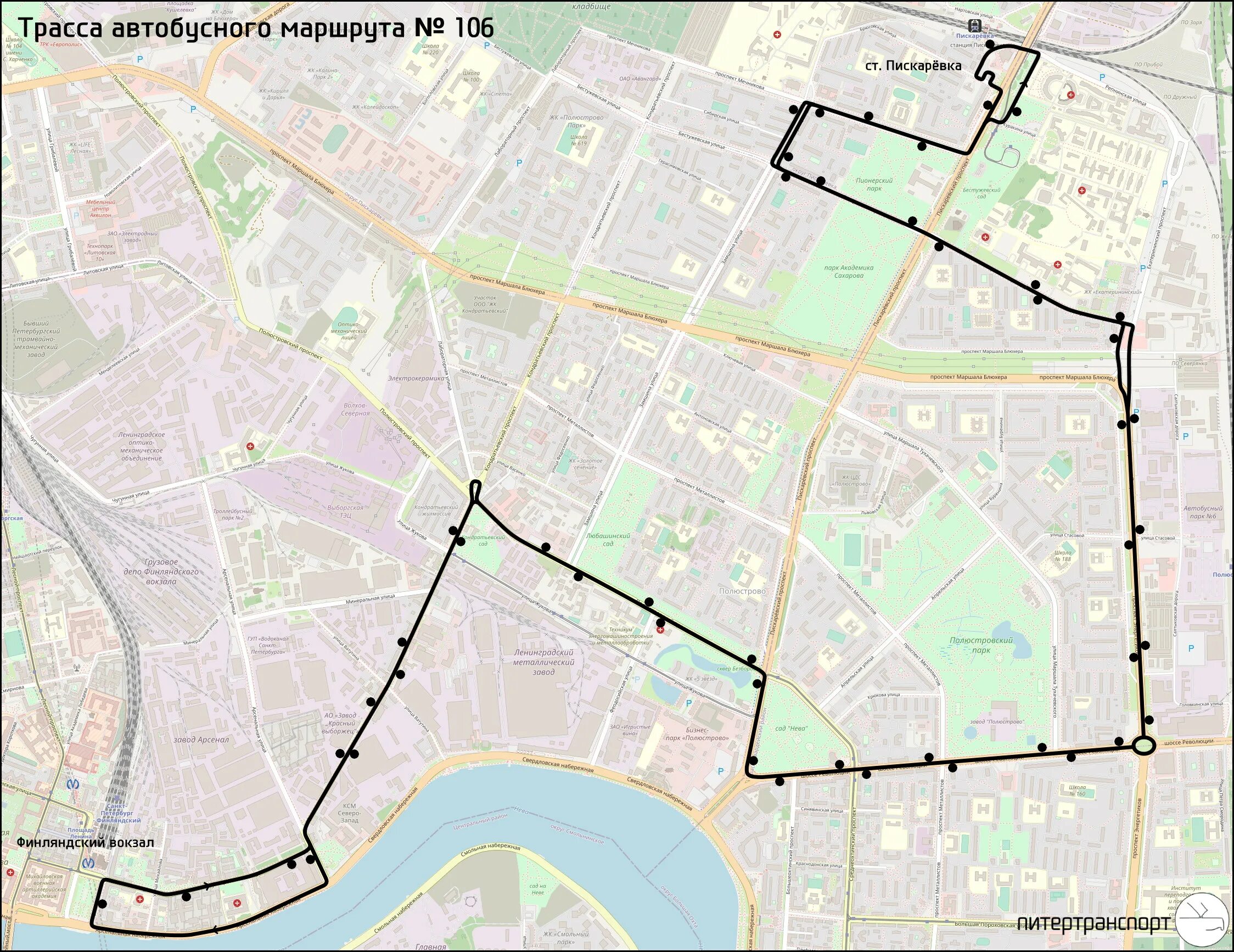 Построить маршрут общественным транспортом санкт петербург. Финляндский вокзал маршрут. Маршрут 106 автобуса СПБ на карте. Автобус 100 СПБ маршрут. Финляндский вокзал Пискаревка.