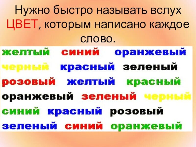 Назовите вслух цвет написанный словом. Назови быстро цвет слов. Отвечать быстро и вслух. Слова цвета. Быстро кличка