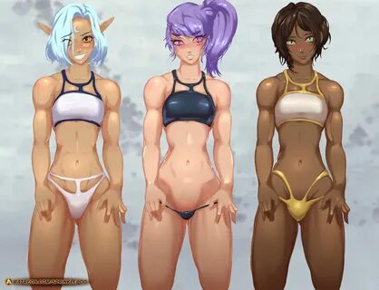 sprinklepoo, 3girls, bikini, blush, breasts, cleavage, dark-skinned female,...