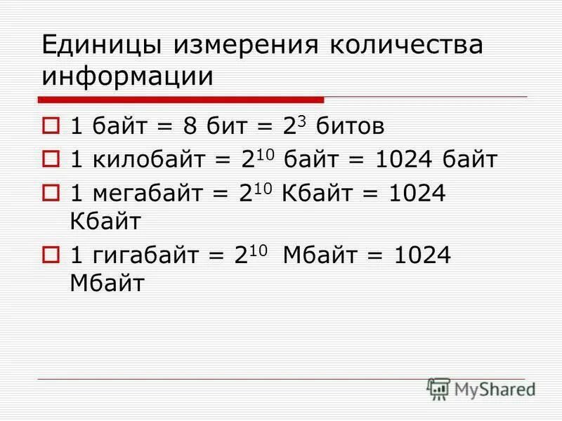 Единицы: -1 байт=8 бит; -1 килобайт=2^10=1024 байт;. 1 Бит 2 байта. Единицы измерения количества информации 1 байт 8 битов 1 килобайт 2 10. Кбайт = ? Байт = 1024 бит.