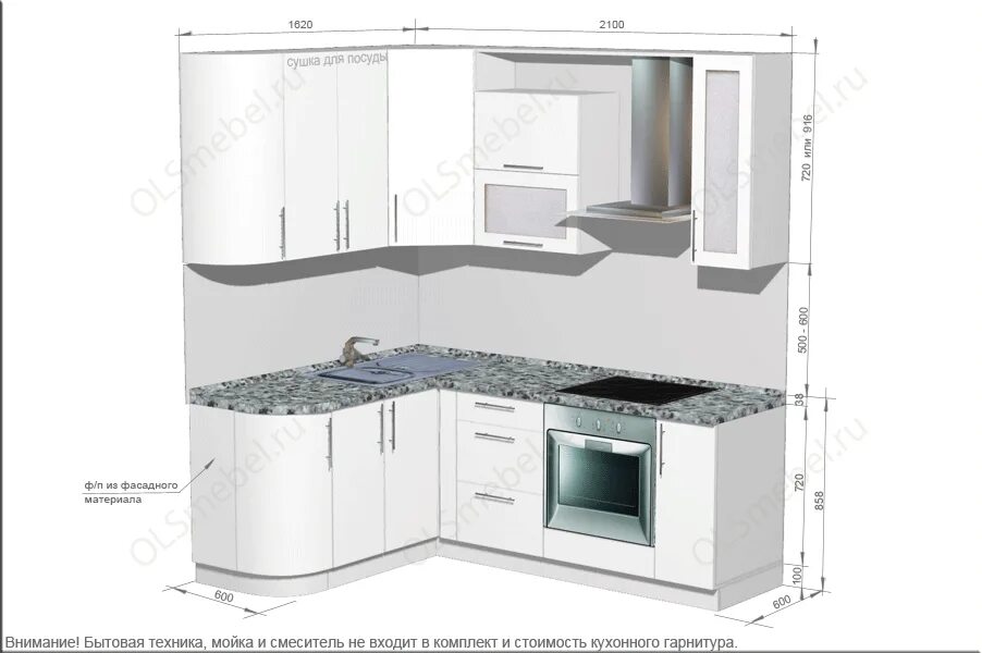 Конструктор кухни 3D, угловая кухня 5,9 м², 140 на 260 см (зеркальный проект), 1