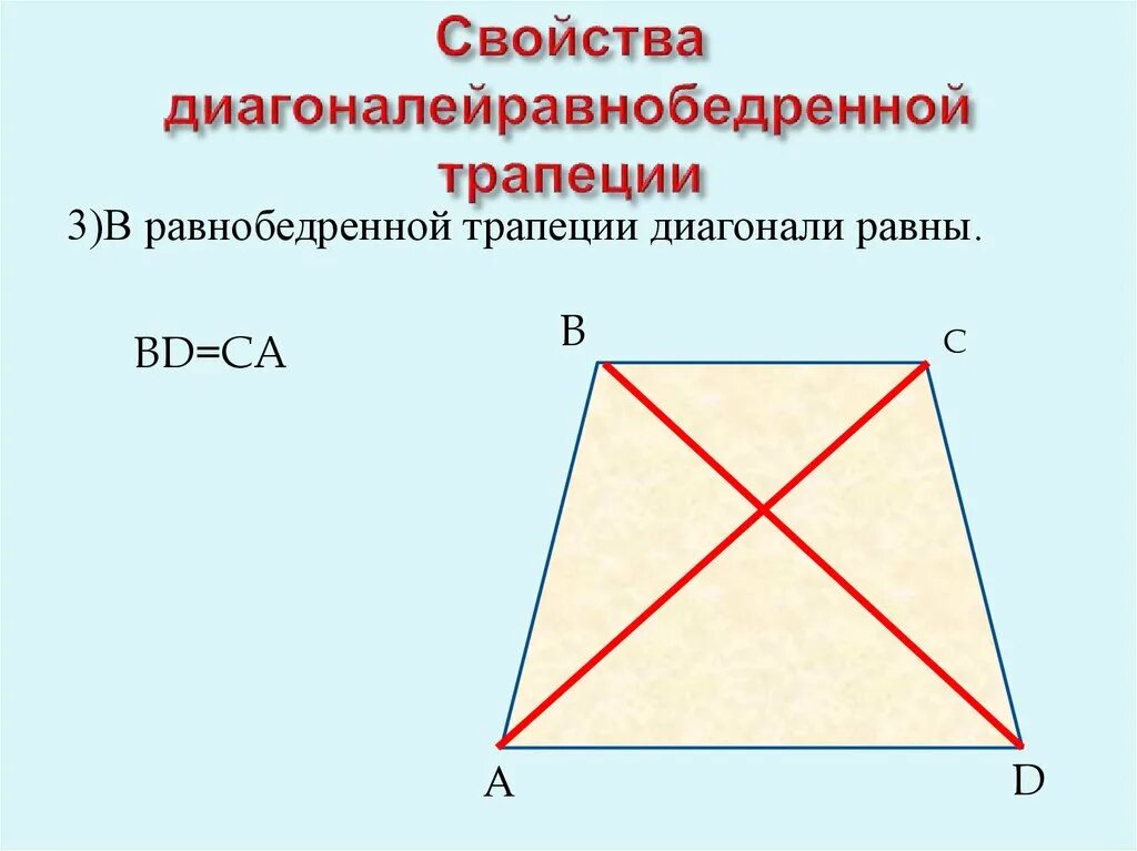 Диагонали равнобедренной трапеции равны. Свойство диагоналей равнобедренной трапеции трапеции. Свойство диагоналей равнобедренной трапеции доказательство. Св-ва диагоналей трапеции равнобедренной. Диагональ трап