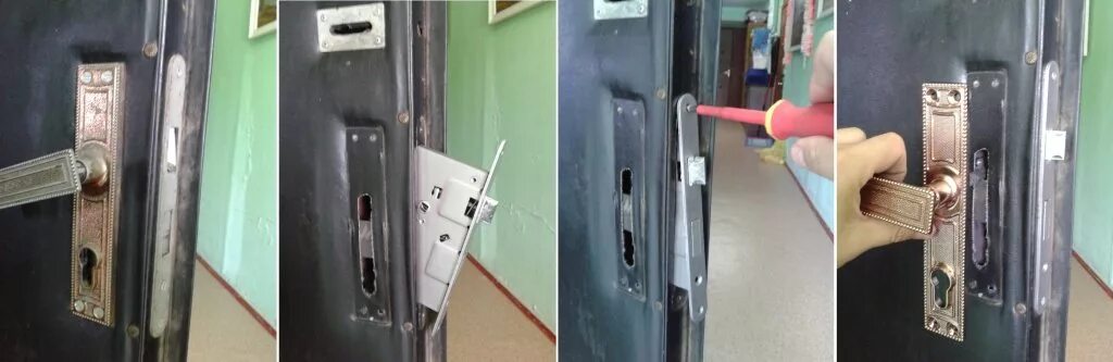 Вскрыть замок межкомнатной двери. Межкомнатный замок без ключа. Дверь заклинило изнутри как открыть. Демонтировать замок с ручкой из двери входной металлической двери. Заклинил сувальдный замок входной двери.