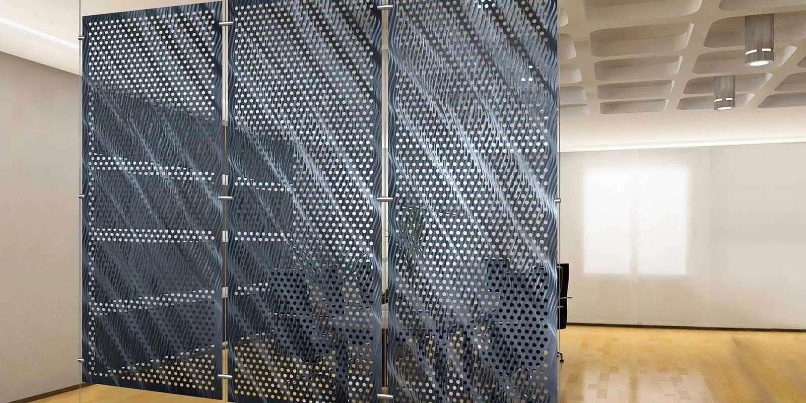 Акустические перфорированные панели "Armax-Wall" АПСМ 1000/100. Сетчатые панели Mesh Metal. Перфорированная перегородка. Перегородка из перфорированного металла.