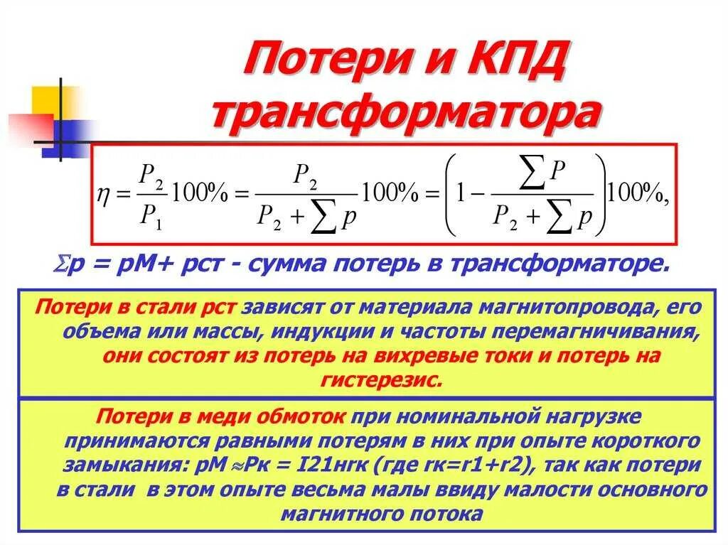 Какие потери в трансформаторе. Потери и КПД трансформатора. Потери энергии и КПД трансформатора. Потери и к.п.д. трансформатора.. КПД полезного действия трансформатора формула.