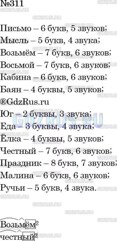 Русский 8 класс номер 311. Упр 311. Русский язык 5 класс упражнение 311. Количество звуков и букв в слове письмо мысль.