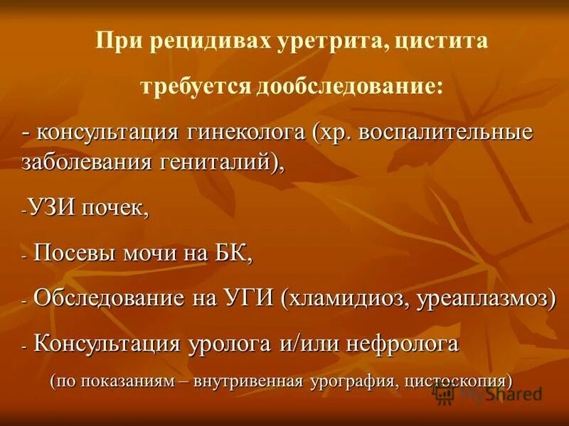 Рецидив мочевыводящих путей. Алгоритм обследования при заболеваниях гениталий. Госпитальные при цистите. Образ жизни при рецидивирующем цистите.