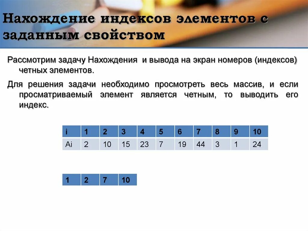 Индекс минимального и индекс максимального элементов. Какие элементы с индексом 2. Элементы с постоянным индексом. Нахождение индекса элемента. Нахождение элемента массива с заданными свойствами.