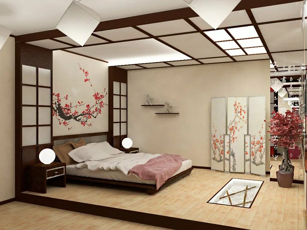 Сакура дизайн. Японскийстиль в сапльне. Спальня в японском стиле. Японский стиль в интерьере. Интерьер в ненском стиле.