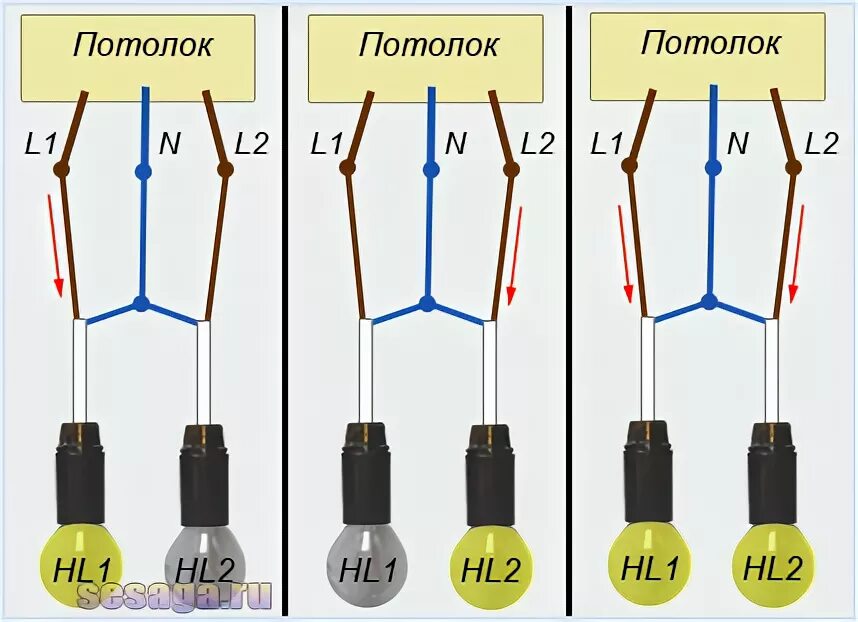 Цвет 2 лампочек. L1 l2 n как подключить люстру. Схема подключения выключателя l1 l1. Двойной выключатель l1 l2. Схема фаза l1 l2.