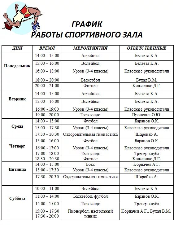 Расписание россия тагил. График уборки спортзала. График работы спортивного зала в школе. График спортивного зала в школе. Расписание занятий спортивного зала.