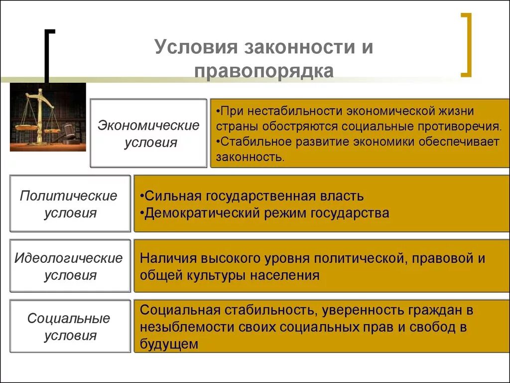 Право на жизненный уровень. Условия законностизаконности. Условия обеспечения законности и правопорядка. Перечислите и раскройте условия законности. Факторы обеспечения законности.