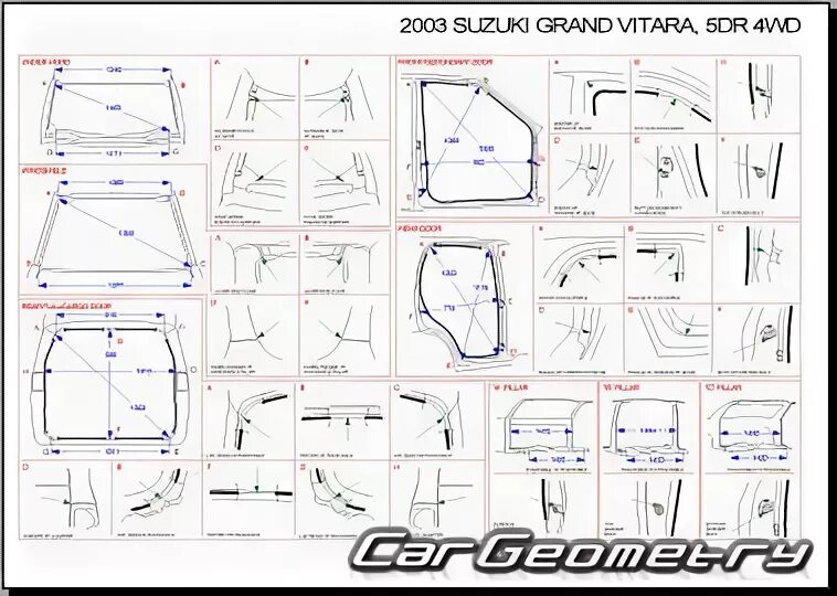 Размер капота Suzuki Grand Vitara 2008. Размер капота Suzuki Grand Vitara 1998-2005. Геометрия кузова Сузуки Гранд Витара 2008. Контрольные точки кузовных размеров Сузуки Гранд Витара 2008.