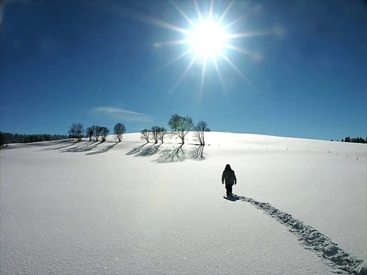 Зимнее поле. Снежное поле. Человек идет по снегу. Снежная равнина.