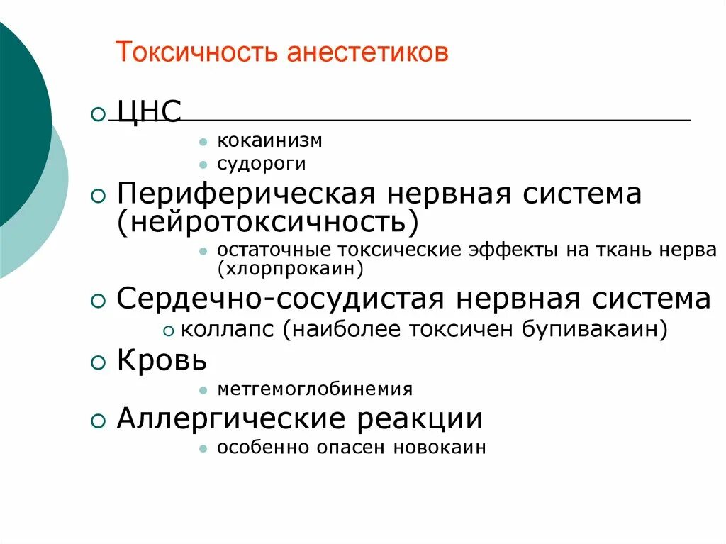 Токсичность местных анестетиков. Токсические эффекты местных анестетиков. Системная токсичность местных анестетиков. Системная токсическая реакция на местные анестетики.