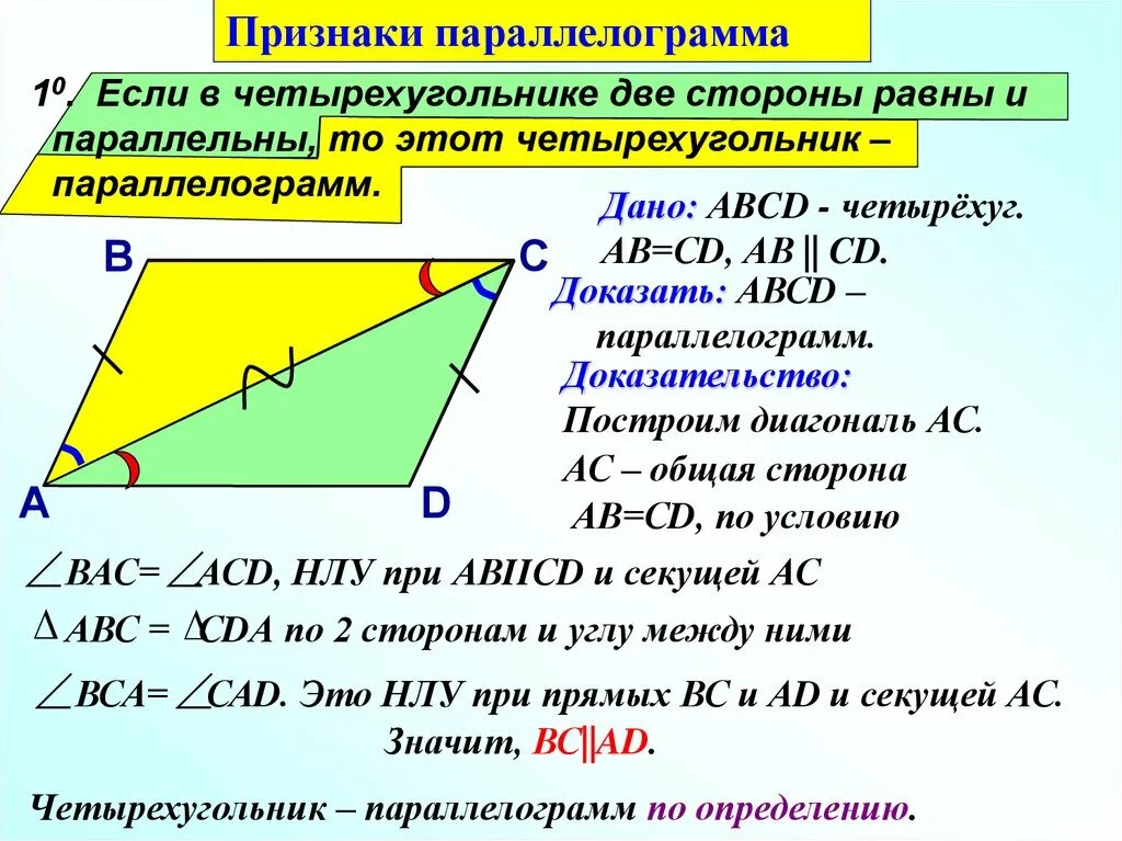 Можно ли вписать параллелограмм. Доказательство 2 признака параллелограмма. Свойства параллелограмма параллельность. Первый признак параллелограмма с доказательством 8 класс. Если в четырехугольнике две стороны равны и параллельны то.