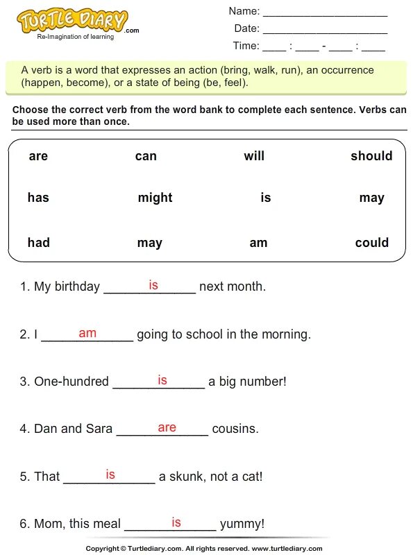 Choose the correct verb. Write the correct form of the verb to be:. Complete \Worksheet. Verb to be sentences. Write the correct form form of verb to be.