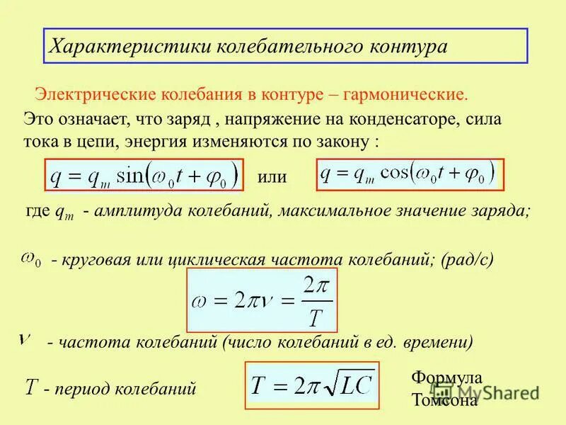 Напряжение изменяется по закону. Формула частоты в электрическом колебательном контуре-. Колебания напряжения на конденсаторе формула. Как определить период колебаний заряда. Амплитуда свободных колебаний формула.