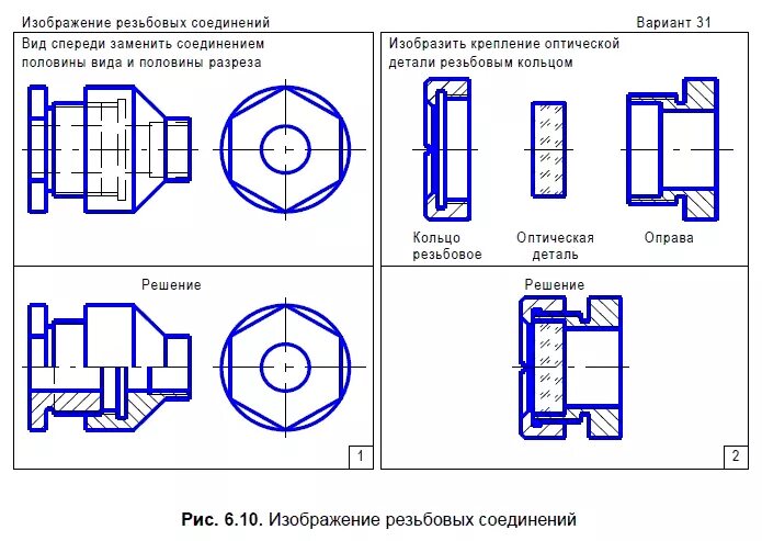 Задания резьба. Сборочный чертеж резьбового соединения. Резьбовое соединение деталей чертеж примеры. Сборочный чертеж разъемных соединений. Резьбовые соединения соединения на чертеже.