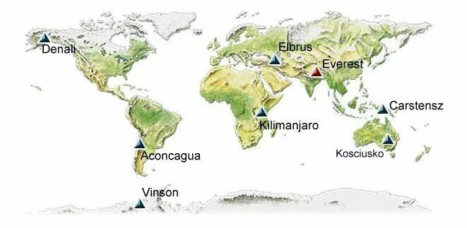 Где находится эверест на контурной карте. Вершины Эверест и Эльбрус на карте. Горы массив Винсон на карте.
