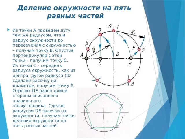 Разбить окружность. Деление окружности на пять равных частей. Поделить окружность на 5 равных частей циркулем. Доение окружности на пять равных частей.. Деление окружности на равные части 5 частей.