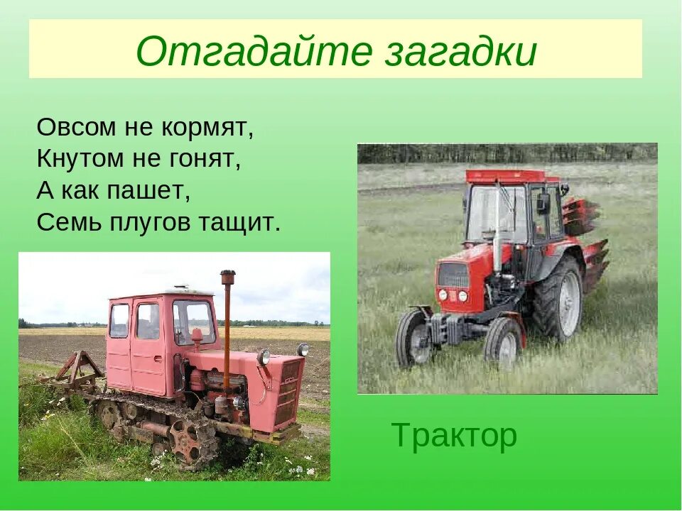 Загадки про сельское хозяйство. Загадка про трактор. Словарное слово трактор. Овсом не кормят кнутом не гонят а как пашет семь плугов тащит. Загадка про трактор.