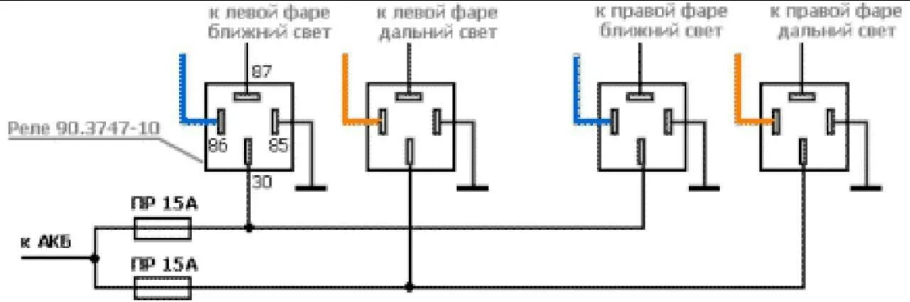 Ближний и дальний свет через реле. Схема подключения ближнего света через реле. схема включения ближнего и дальнего света фар. разгрузочное реле на фары газель 3302. схема подключения ближнего и дальнего света фар.