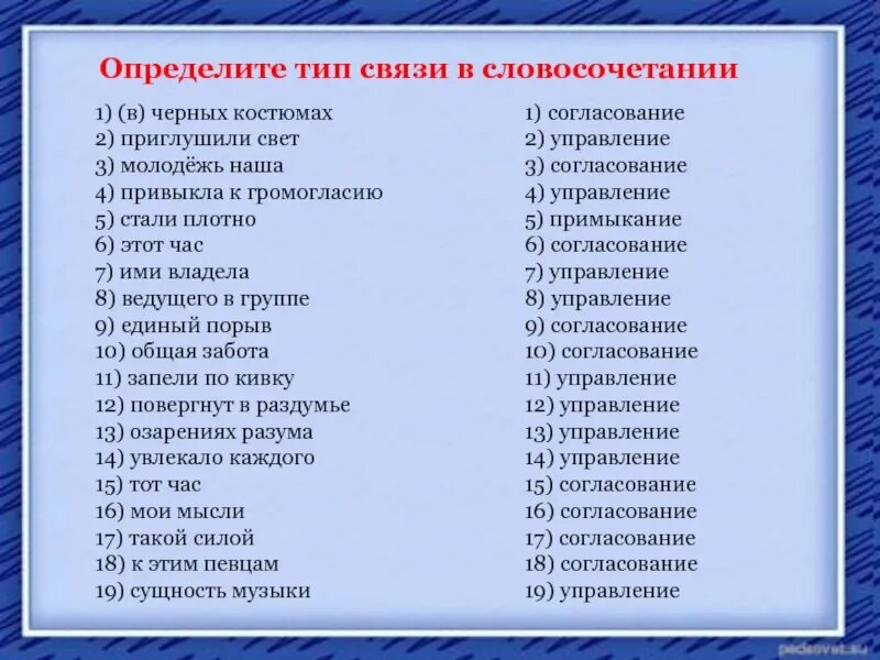 Определите Тип связи в словосочетаниях в черных костюмах. К этим певцам Тип связи. Определите способ связи в черных костюмах. Приглушили свет Тип связи. Через час вид связи