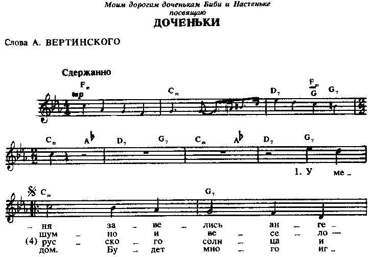 Песня дочка одиночка. Вертинский доченьки Ноты. Вертинский доченьки Ноты для фортепиано. Ноты песни Вертинского доченьки.