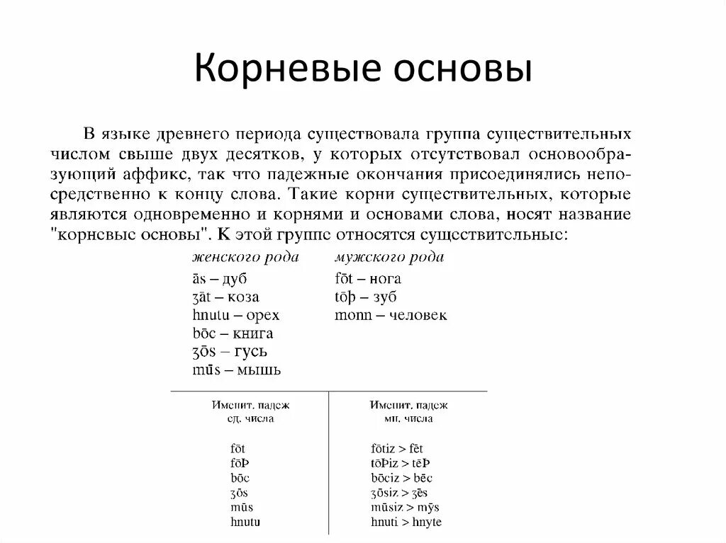 Основы в древнеанглийском языке. Корневая основа. Падежи в древнеанглийском языке. Основы на -n- корневые основы.