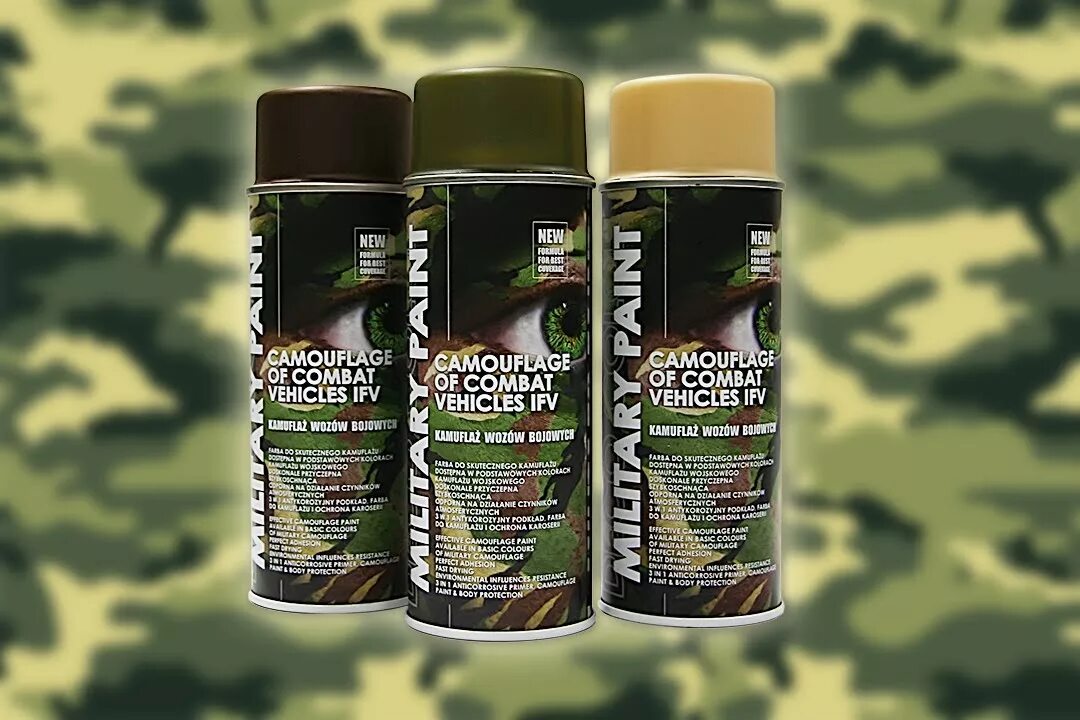 Краска с камуфляжным эффектом. Fosco - army paint 400 ml - olive drab ral 6014 mat. Краска camouflage. Краска камуфляж. Эмаль камуфляж ral 8027 0,4л motip 4205.