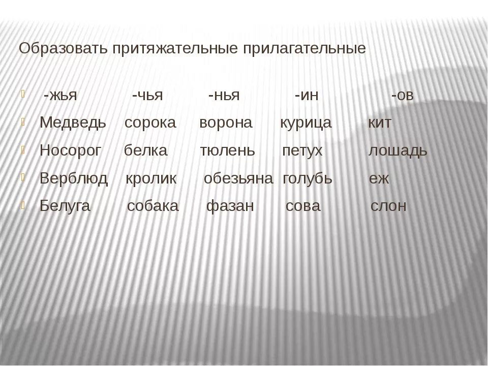 Притяжательные прилагательные. Образовать притяжательные прилагательные. Образуйте притяжательные прилагательные. Образование притяжательных прилагательных от существительных.