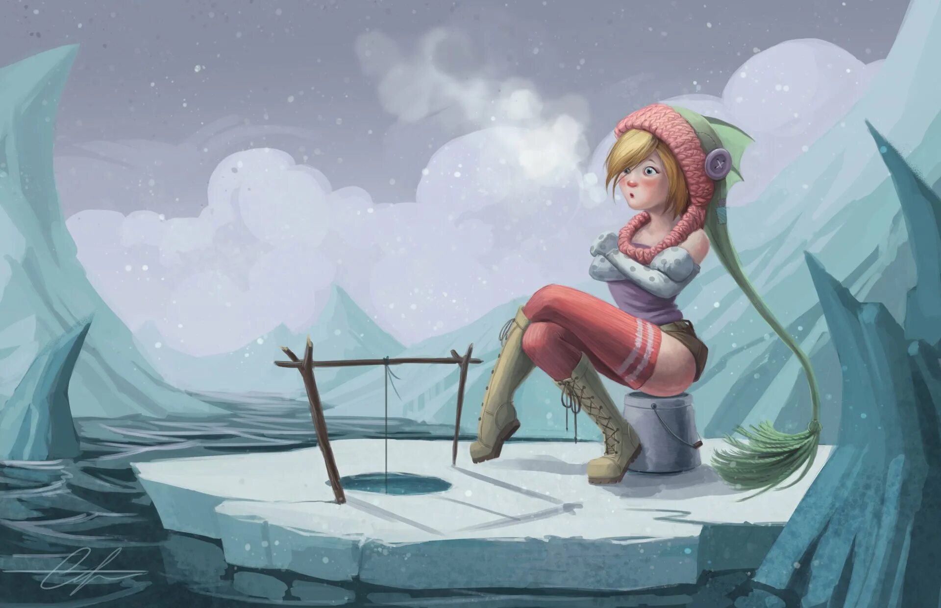 Совсем замерзла. Девушка зима рисунок. Зимние мультяшные девушки. Замерзшая девушка. Обои на рабочий стол рыбалка.