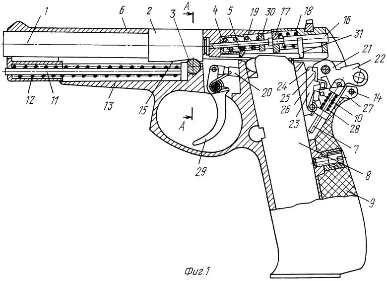 Травмат схема. Затвор пистолета Марголина чертеж. Работа автоматики пистолета