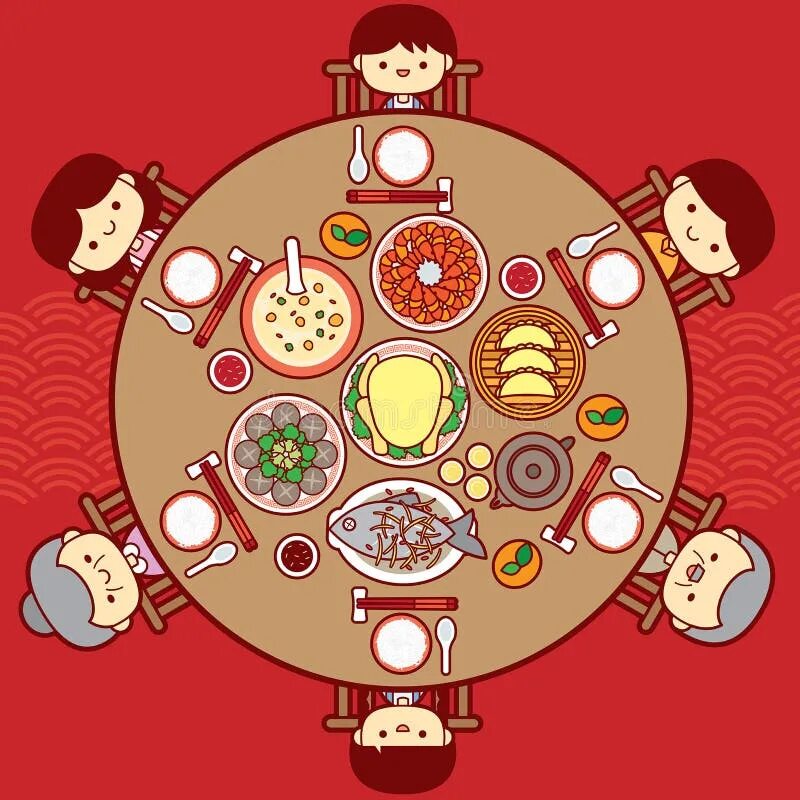 Круглый стол год семьи. Семейный ужин вектор. Chinese New year dinner Table. Chinese Family eating Round Table.