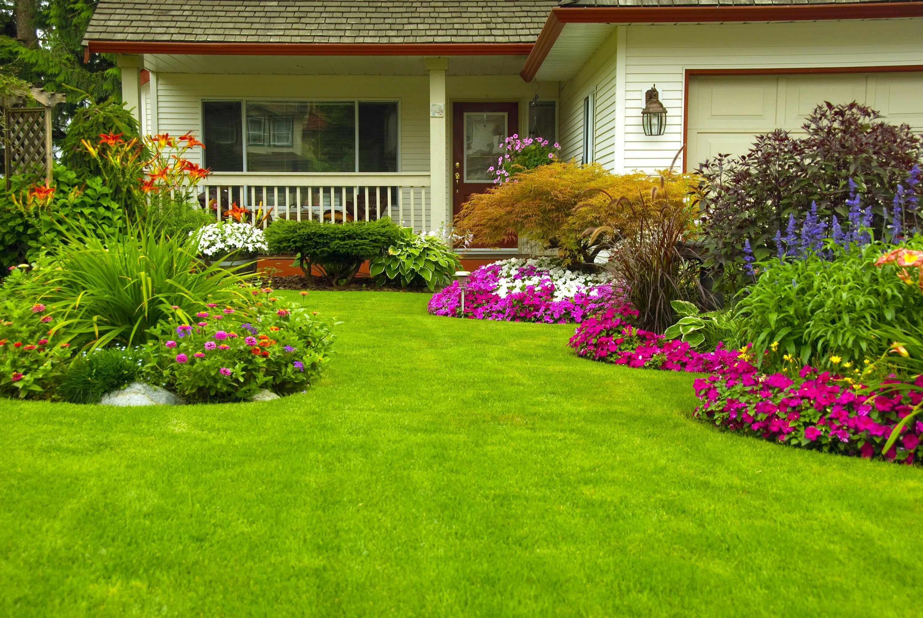 Фото цветов перед домом. Газон Американ Грин. Палисадники клумбы лужайки. Газон в саду. Красивый газон.