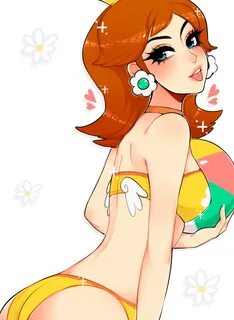 rasbii, princess daisy, mario (series), nintendo, 2017, ass, ball, beach ba...