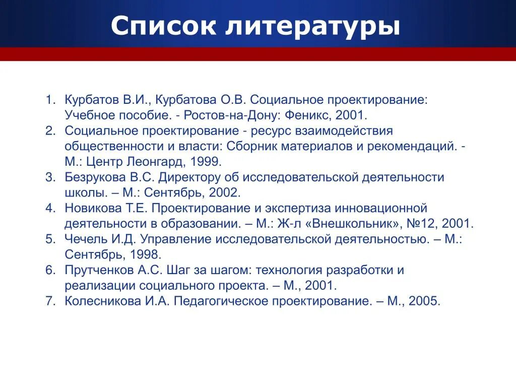 Список литературы методическое пособие. В И Курбатова социальная работа. Перечень работ социального проекта.