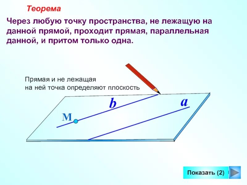 Докажите что через данную точку. Через любую точку пространства не лежащую на данной прямой. параллельные прямые в пространстве. через любую точку пространства, не. параллельная прямая через точку.