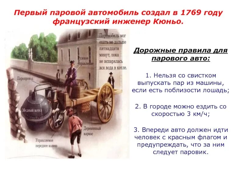 Первый автомобиль правила. Первый французский автомобиль паровой 1769 году. Первые паровые машины презентация Кюньо. Первый автомобиль 1769. Паровая машина 1769 года.