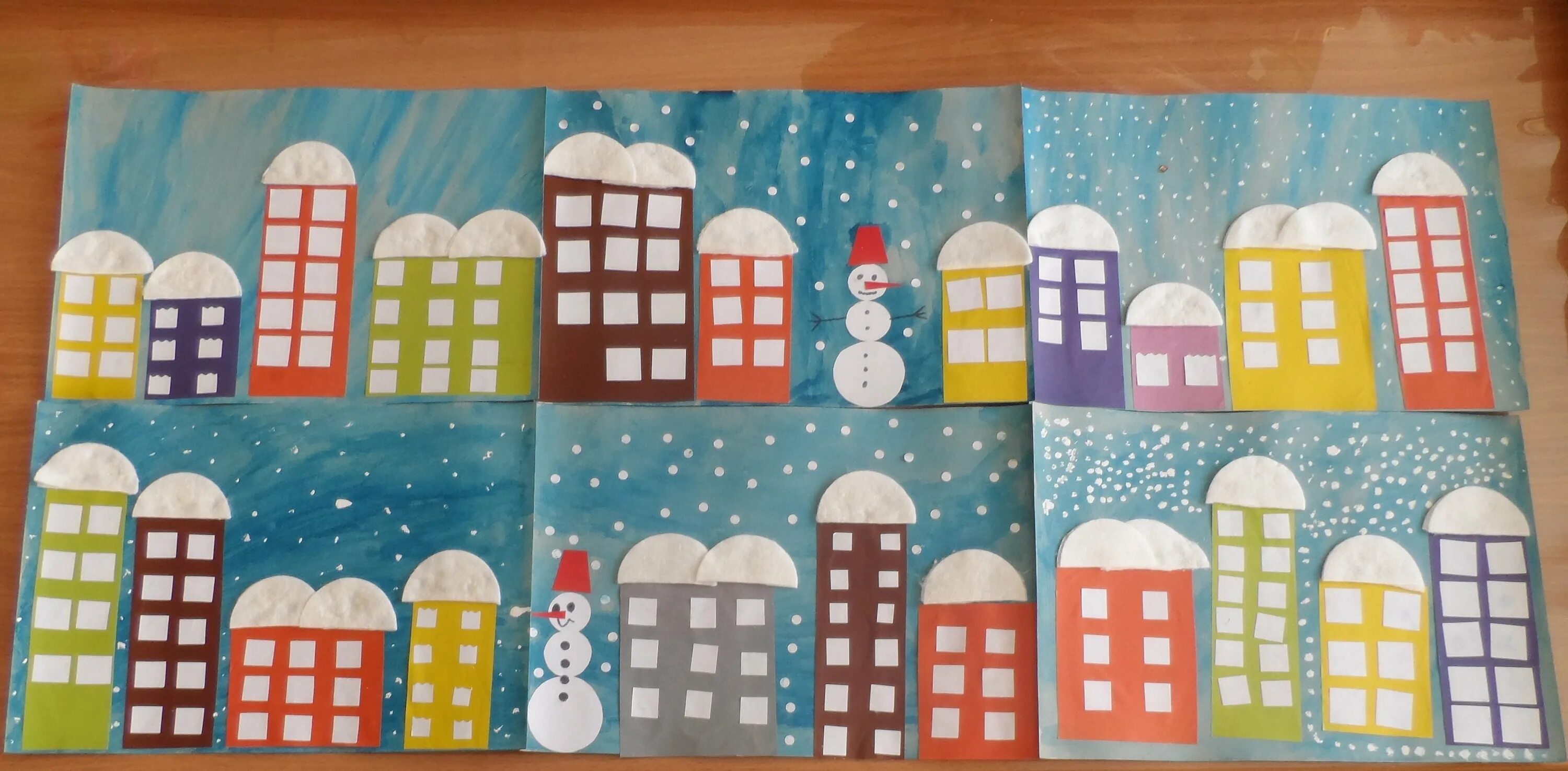 аппликация снежный город. аппликация для детей зима. аппликация заснеженный город. зимняя аппликация. аппликация ночной город.