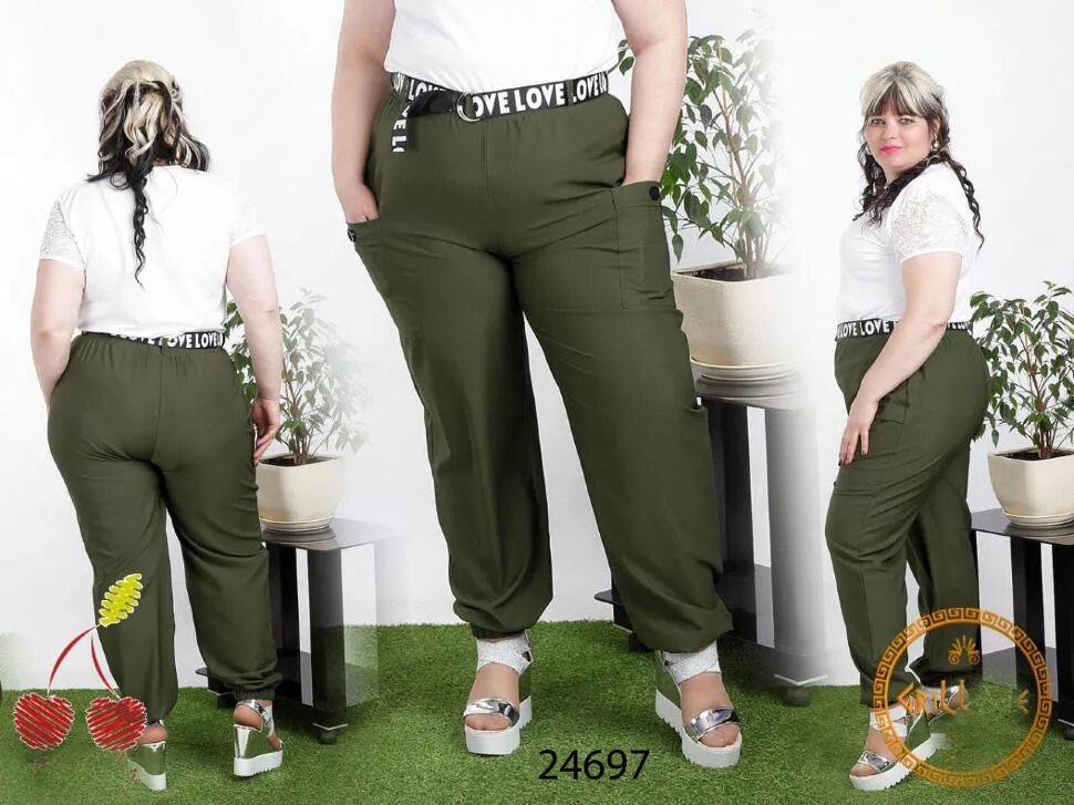 Летние брюки женские больших размеров на резинке. Брюки 7246 [хаки] (размер: 42). Брюки 7109 [хаки] (размер: 54). Брюки 4435 [хаки] (размер: 58). Летние брюки женские.